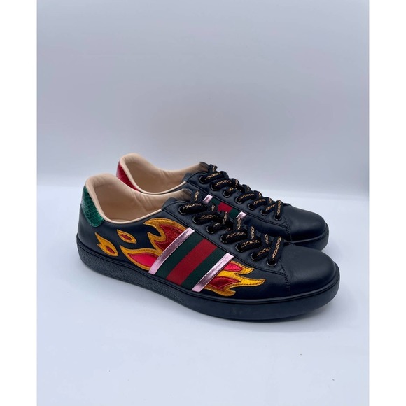 Men's Gucci Ayers Web Flames Sneakers in Leather w/ Snakeskin Embossed Detail 6G